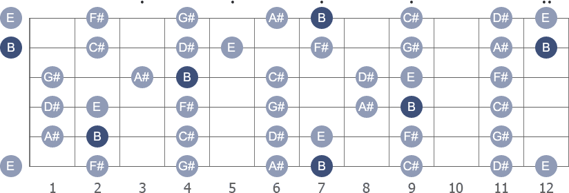 B Major scale with note letters diagram