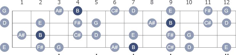 B Harmonic Minor scale with note letters diagram