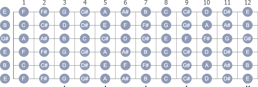 Open E Tuning fretboard with notes